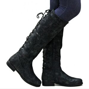 New Black Lace Up Western Knee High Boots